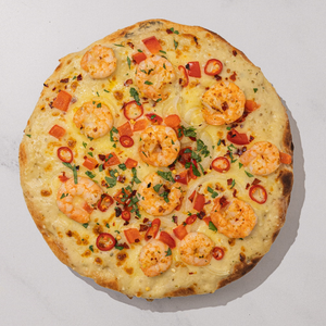 Spicy Garlic Butter Prawn Pizza with Peppers and Coriander