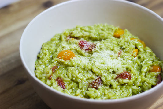 Parmesan and Pesto Risotto with Cherry Tomatoes