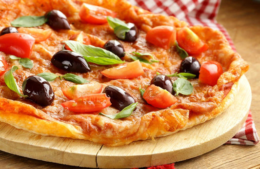 Pizza with Kalamata Olives Fresh Basil and Tomatoes