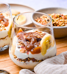 Banoffee Yoghurt Parfaits with Berry Granola & Caramel Topping