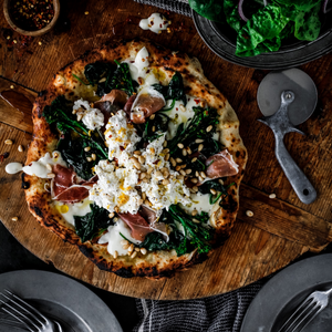 Creamy Garlic Pizza with Broccolini and Prosciutto