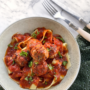 Lamb & Antipasto Meatballs with Egg Pappardelle