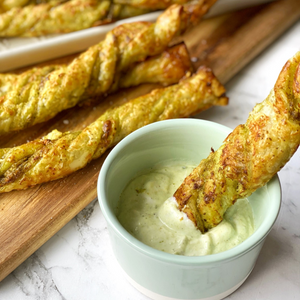 Pesto Parmesan Puff Pastry Twists with Pesto Lemon Yoghurt Dip