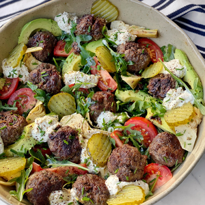 Beef Meatball, Artichoke, Gherkin, Avocado, Tomato, & Rocket Salad with Horseradish Yoghurt Dressing