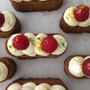 Almond Fingers with Lemon Icing and Raspberries