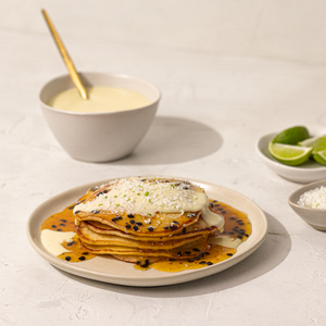 Pancakes with Coconut Custard, Lime and Passionfruit
