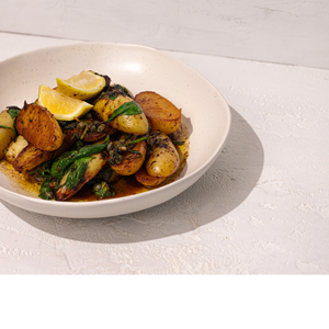 Pan Fried Baby Potatoes with Spinach, Lemon and Capers